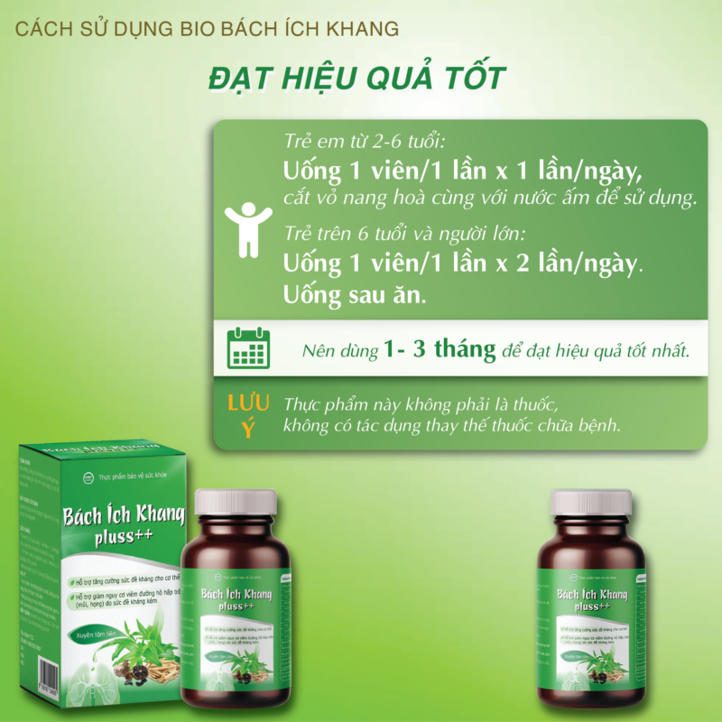 Thực phẩm bảo vệ sức khỏe BÁCH ÍCH KHANG PLUSS++ Hỗ trợ tăng cường sức đề kháng cho cơ thể,  Hỗ trợ giảm nguy cơ viêm đường hô hấp trên (mũi, họng) do sức đề kháng kém
