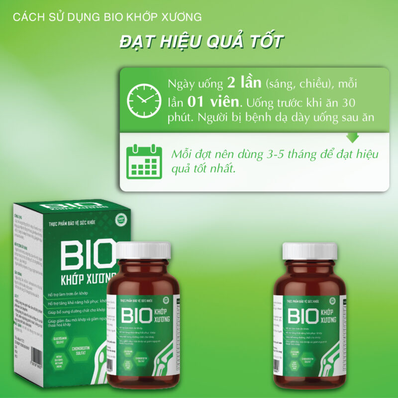 Thực phẩm bảo vệ sức khỏe BIO XƯƠNG KHỚP Giúp bổ sung dưỡng chất cho khớp, hỗ trợ làm trơn ổ khớp, giúp khớp vận động linh hoạt, giảm đau mỏi khớp, Hỗ trợ tăng khả năng phục hồi khớp, giảm nguy cơ thoái hoá khớp.