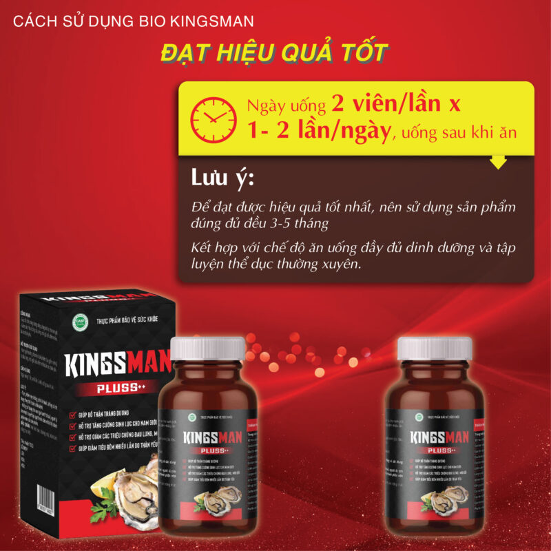 Thực phẩm bảo vệ sức khỏe KINGSMAN Pluss++ Giúp bổ thận, tráng dương, tăng cường sinh lực cho nam giới. Hỗ trợ giảm các triệu chứng đau lưng, mỏi gối, tiểu đêm nhiều lần do thận yếu.
