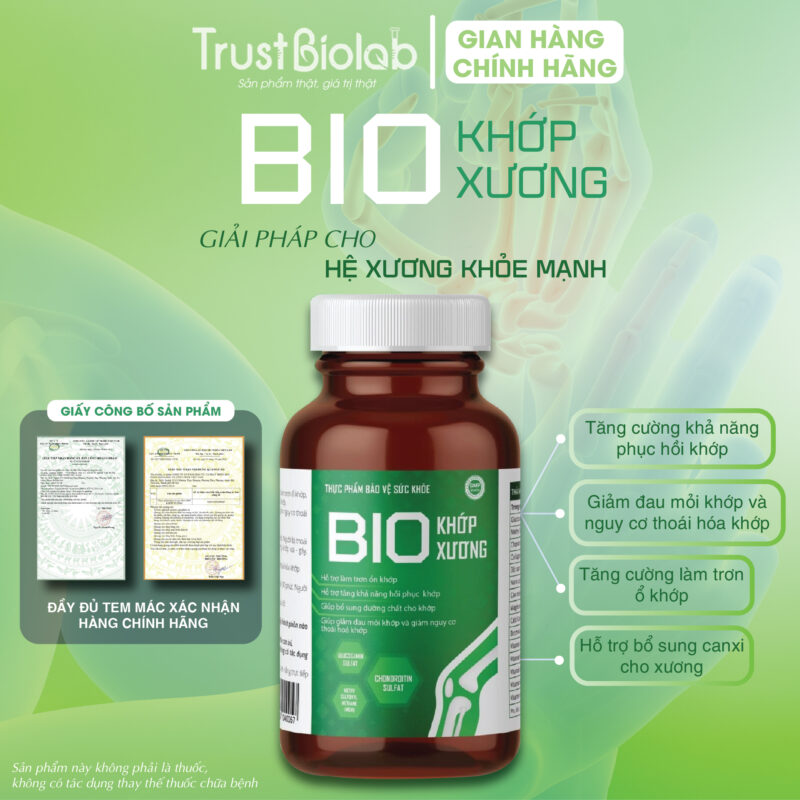 Thực phẩm bảo vệ sức khỏe BIO XƯƠNG KHỚP Giúp bổ sung dưỡng chất cho khớp, hỗ trợ làm trơn ổ khớp, giúp khớp vận động linh hoạt, giảm đau mỏi khớp, Hỗ trợ tăng khả năng phục hồi khớp, giảm nguy cơ thoái hoá khớp.