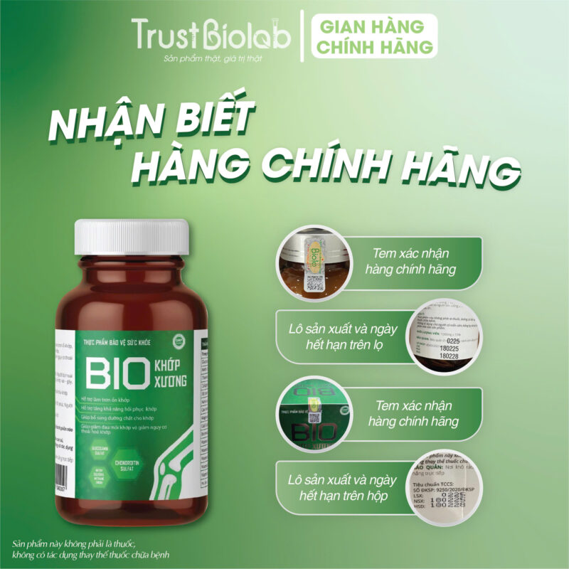 Thực phẩm bảo vệ sức khỏe BIO XƯƠNG KHỚP Giúp bổ sung dưỡng chất cho khớp, hỗ trợ làm trơn ổ khớp, giúp khớp vận động linh hoạt, giảm đau mỏi khớp, Hỗ trợ tăng khả năng phục hồi khớp, giảm nguy cơ thoái hoá khớp.