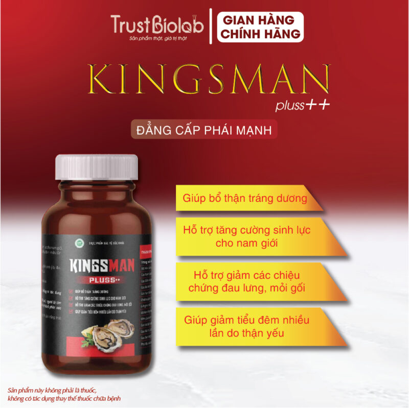 Thực phẩm bảo vệ sức khỏe KINGSMAN Pluss++ Giúp bổ thận, tráng dương, tăng cường sinh lực cho nam giới. Hỗ trợ giảm các triệu chứng đau lưng, mỏi gối, tiểu đêm nhiều lần do thận yếu.