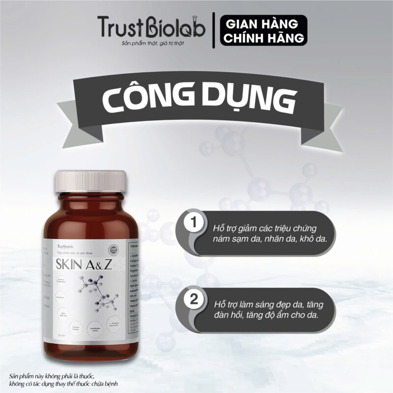 Thực phẩm bảo vệ sức khỏe Viên uống đẹp da Skin A&Z Hỗ trợ làm sáng đẹp da, tăng đàn hồi, tăng độ ẩm. Hỗ trợ giảm các triệu chứng nám sạm da, nhăn da, khô da.