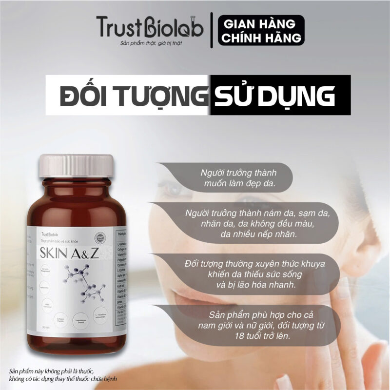 Thực phẩm bảo vệ sức khỏe Viên uống đẹp da Skin A&Z Hỗ trợ làm sáng đẹp da, tăng đàn hồi, tăng độ ẩm. Hỗ trợ giảm các triệu chứng nám sạm da, nhăn da, khô da.