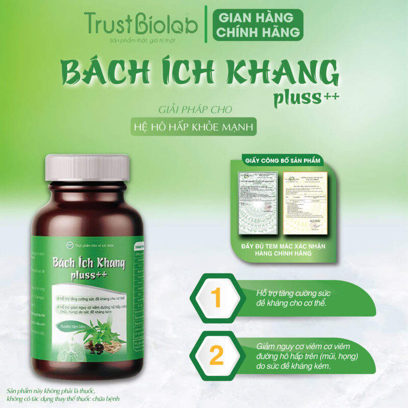 Thực phẩm bảo vệ sức khỏe BÁCH ÍCH KHANG PLUSS++ Hỗ trợ tăng cường sức đề kháng cho cơ thể,  Hỗ trợ giảm nguy cơ viêm đường hô hấp trên (mũi, họng) do sức đề kháng kém