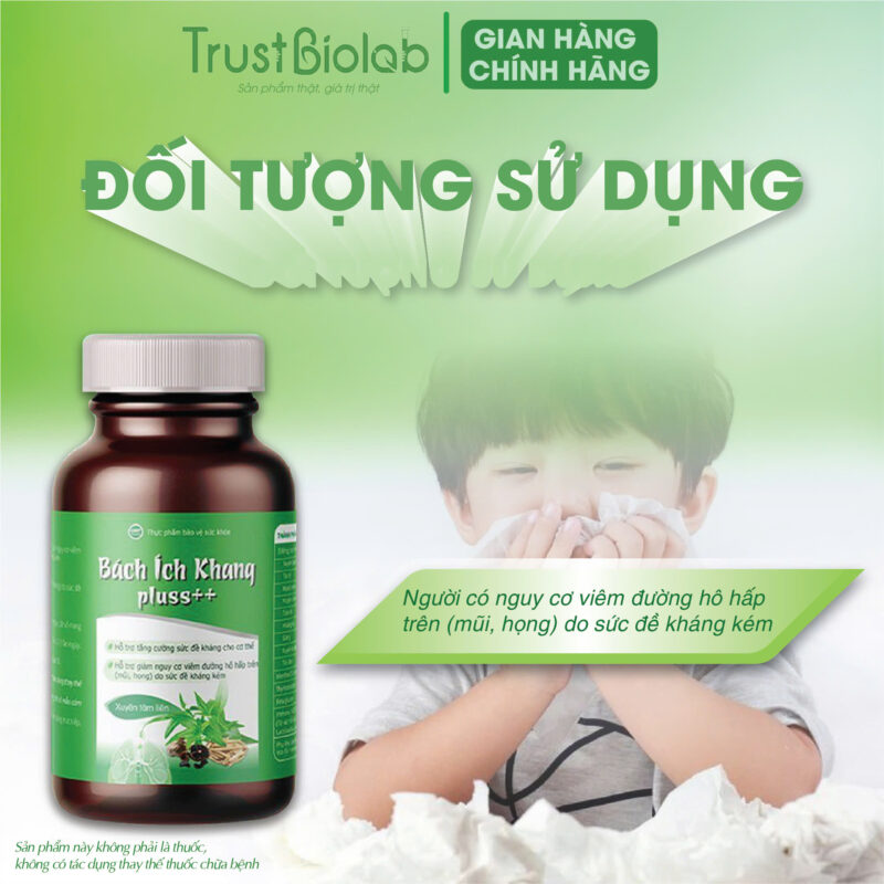 Thực phẩm bảo vệ sức khỏe BÁCH ÍCH KHANG PLUSS++ Hỗ trợ tăng cường sức đề kháng cho cơ thể,  Hỗ trợ giảm nguy cơ viêm đường hô hấp trên (mũi, họng) do sức đề kháng kém