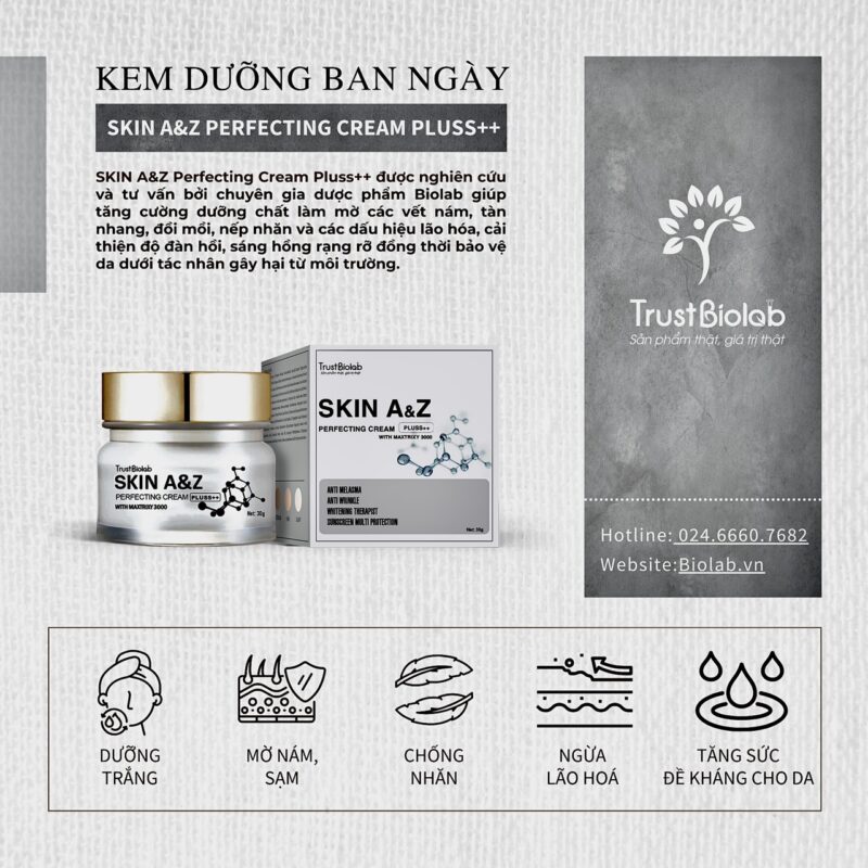 Kem dưỡng ngày Skin A&Z Perfecting cream Pluss++ Giúp làm mờ các vết nám, thâm, tàn nhang, đồi mồi, nếp nhăn và các dấu hiệu lão hóa trên da. Tăng cường dưỡng chất, giúp cải thiện độ đàn hồi của da, giúp da trông đều màu sáng hồng rạng rỡ.