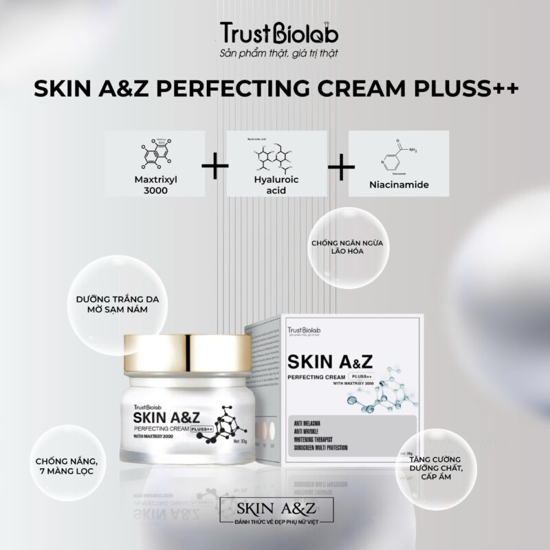 Kem dưỡng ngày Skin A&Z Perfecting cream Pluss++ Giúp làm mờ các vết nám, thâm, tàn nhang, đồi mồi, nếp nhăn và các dấu hiệu lão hóa trên da. Tăng cường dưỡng chất, giúp cải thiện độ đàn hồi của da, giúp da trông đều màu sáng hồng rạng rỡ.