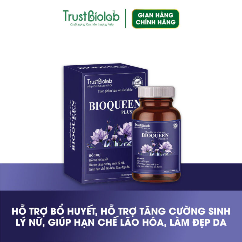 Thực phẩm bảo vệ sức khỏe Bioqueen pluss++ Hỗ trợ tăng cường sinh lý nữ cải thiện các biểu hiện do thiếu hụt nội tiết tố nữ; Hỗ trợ bổ máu huyết; Giúp hạn chế lão hóa, làm đẹp da