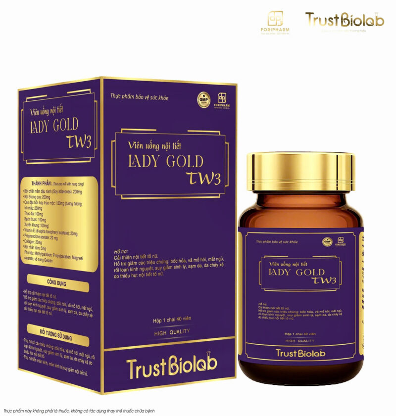 Thực phẩm bảo vệ sức khỏe Viên uống nội tiết LADY Gold TW3 Hỗ trợ cải thiện nội tiết tố nữ; Hỗ trợ giảm các triệu chứng: bôc hỏa, vã mồ hôi, mất ngủ, rối loạn kinh nguyệt, sạm da, da chảy xệ do thiếu hụt nội tiết tố nữ; Hỗ trợ cải thiện sinh lý nữ