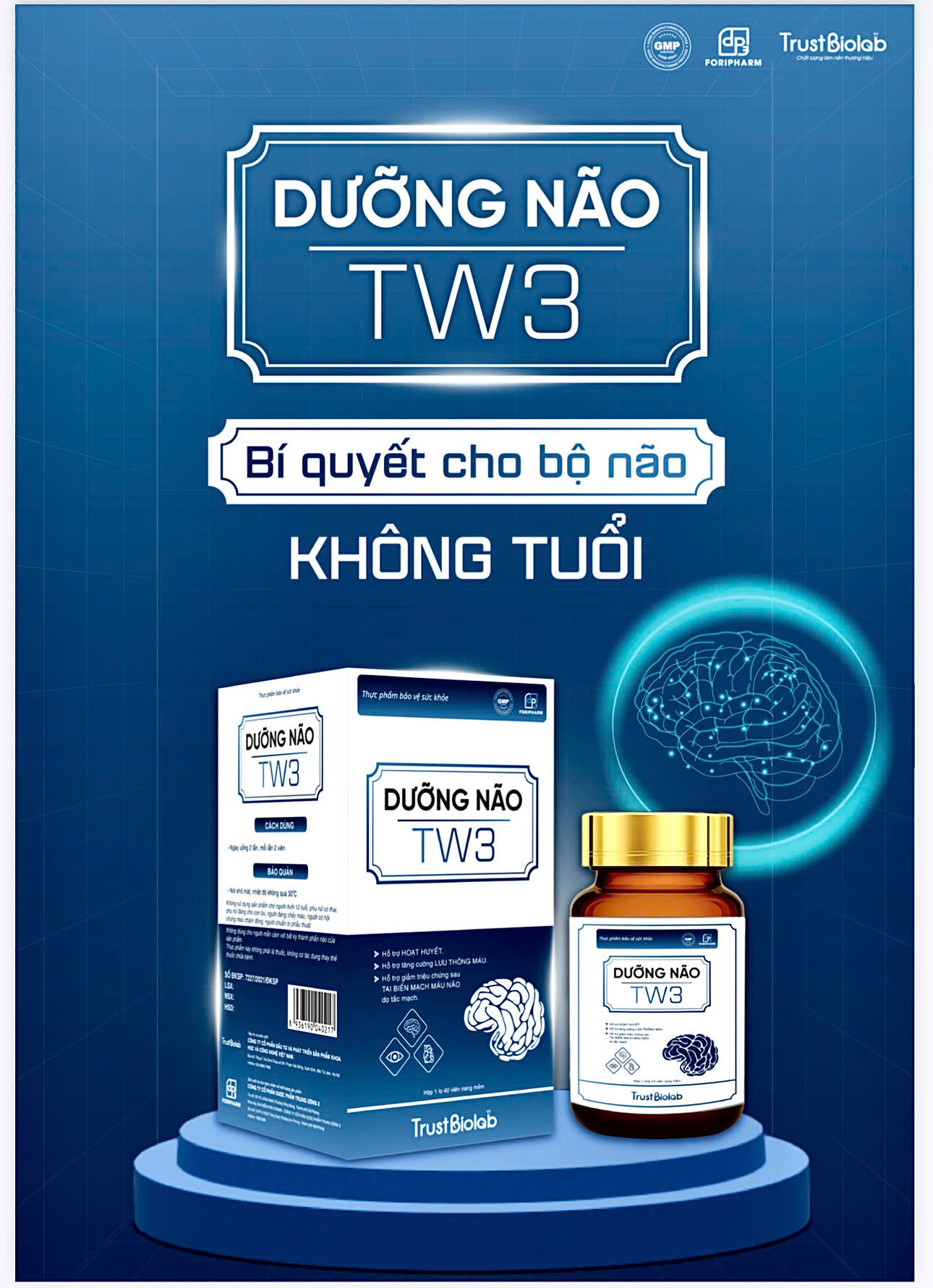 TPBVSK Dưỡng Não TW3 Hỗ trợ hoạt huyết; Hỗ trợ tăng cường lưu thông máu, cải thiện tuần hoàn máu não, giúp giảm các triệu chứng: đau đầu, hoa mắt, chóng mặt, mất ngủ, suy giảm trí nhớ, tê bì chân tay do thiểu năng tuần hoàn não; Hỗ trợ giảm các triệu chứng sau tai biến mạch máu não do tắc mạch. TPBVSK Dưỡng Não TW3 Hỗ trợ hoạt huyết; Hỗ trợ tăng cường lưu thông máu, cải thiện tuần hoàn máu não, giúp giảm các triệu chứng: đau đầu, hoa mắt, chóng mặt, mất ngủ, suy giảm trí nhớ, tê bì chân tay do thiểu năng tuần hoàn não; Hỗ trợ giảm các triệu chứng sau tai biến mạch máu não do tắc mạch.