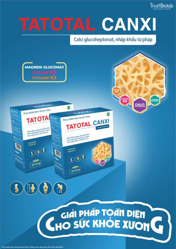 TPBVSK Canxi hữu cơ Tatotal Canxi Glucoheptonat, Vitamin D3, Vitamin K2, Magnesi gluconate Bổ sung canxi, Vitamin D3 1000IU, Vitamin K2 100mcg và khoáng chất giúp hỗ trợ xương, răng chắc khỏe, giúp giảm chứng còi xương và giúp phát triển chiều cao. TPBVSK Canxi hữu cơ Tatotal Canxi Glucoheptonat, Vitamin D3, Vitamin K2, Magnesi gluconate Bổ sung canxi, Vitamin D3 1000IU, Vitamin K2 100mcg và khoáng chất giúp hỗ trợ xương, răng chắc khỏe, giúp giảm chứng còi xương và giúp phát triển chiều cao.